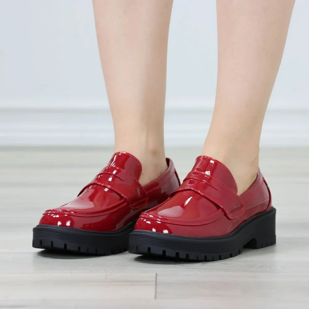 Womens Chunky Penny Loafer Lug Sole Slip On Platform Red Patent - Picture 8 of 16